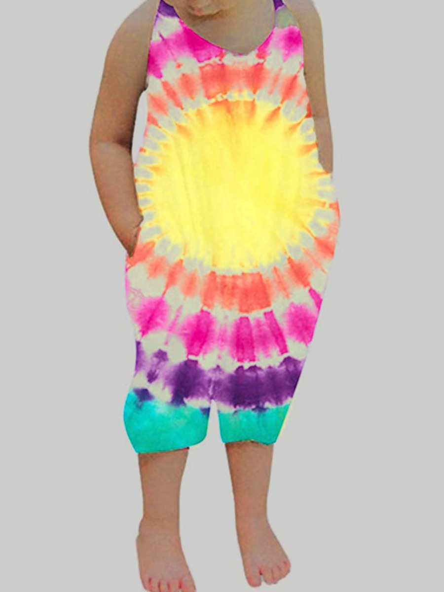 

lovely Trendy O Neck Tie-dye Loose Purple Girl One-piece Jumpsuit