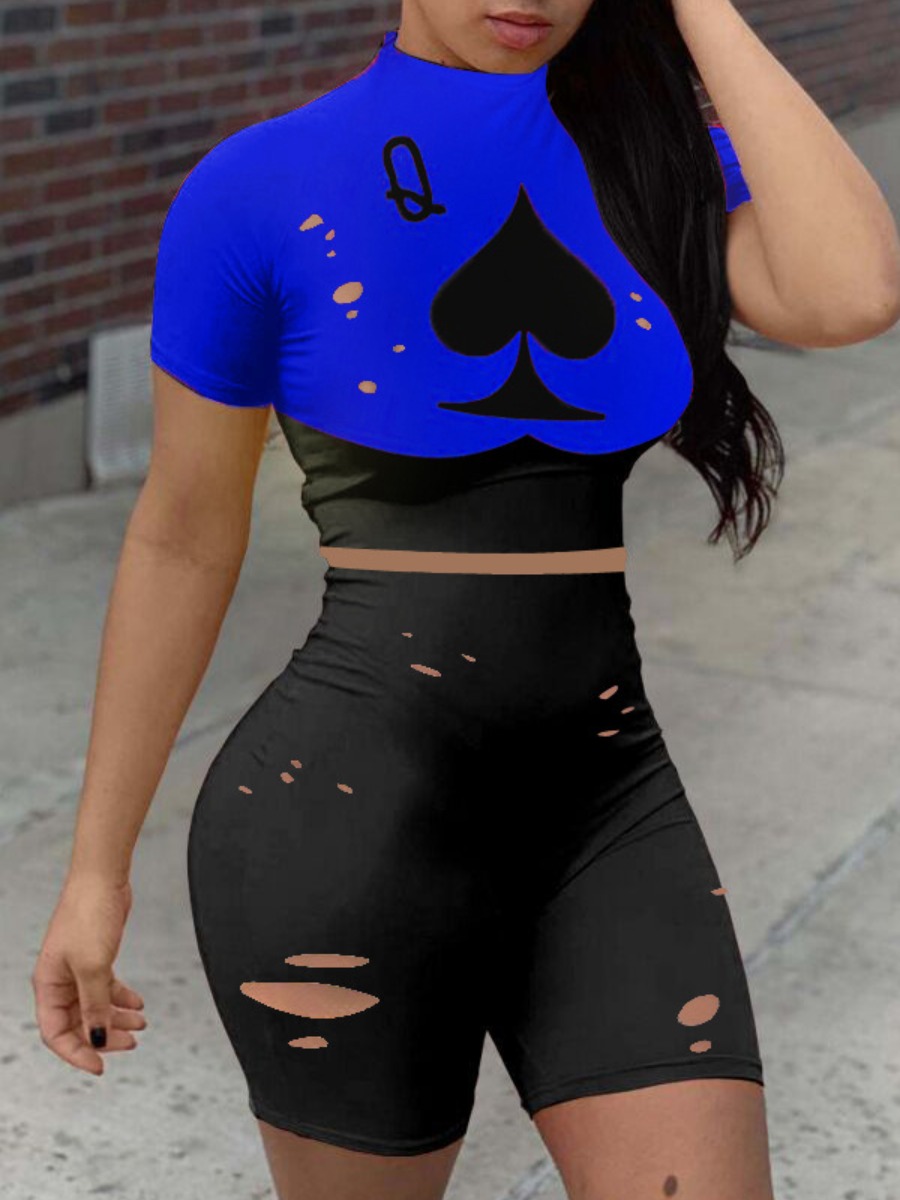 

lovely Leisure Print Patchwork Blue Two Piece Shorts Set