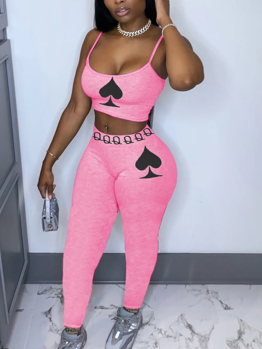 

LW Casual Spaghetti Strap Print Pink Two Piece Pants Set