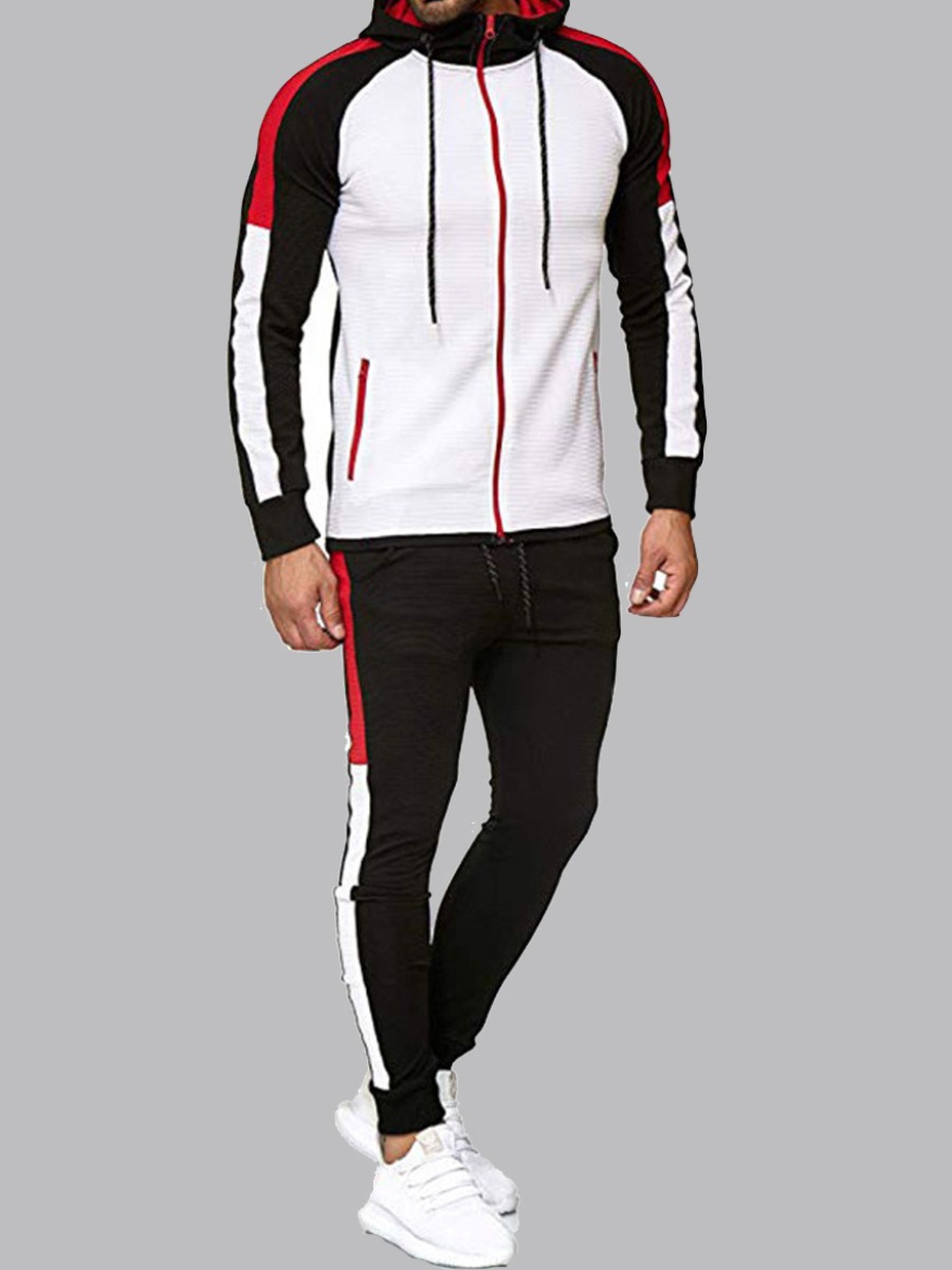 

LW Men Sportswear Hooded Collar Patchwork White Two-piece Pants Set
