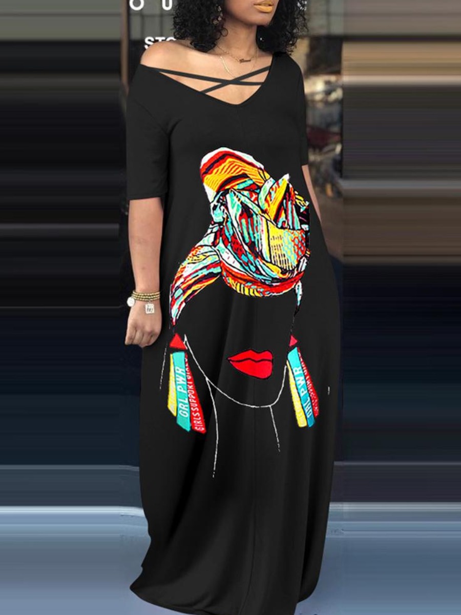 

lovely Casual V Neck Print Black Maxi Dress