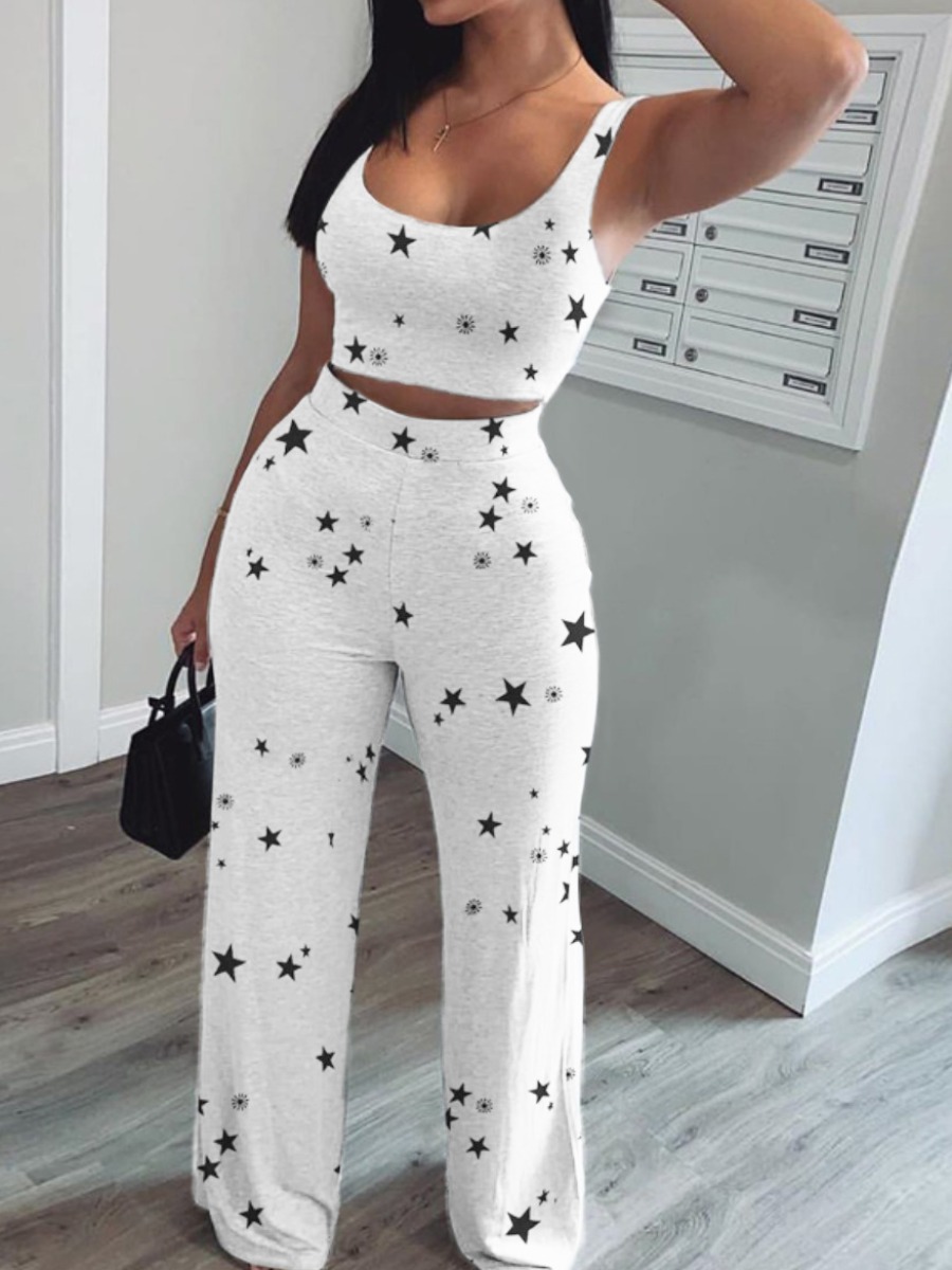 

Lovely Leisure U Neck Pentagram Print White Two Piece Pants Set