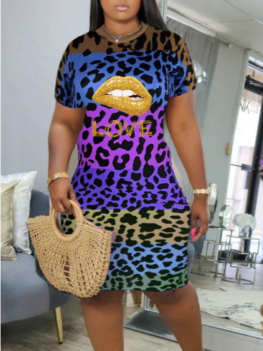 

Lovely Casual O Neck Lip Print Purple Knee Length Dress
