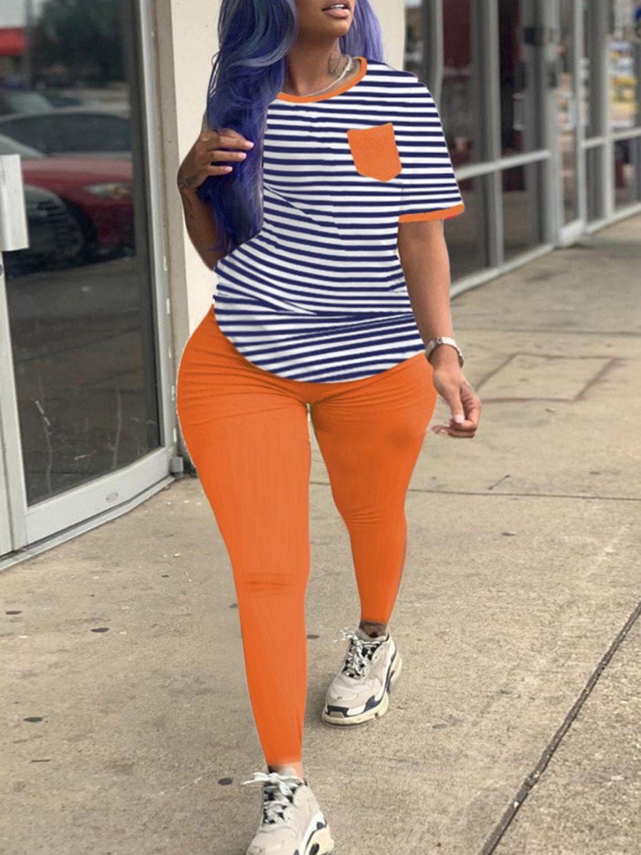 

Lovely Leisure O Neck Striped Print Orange Plus Size Two-piece Pants Set