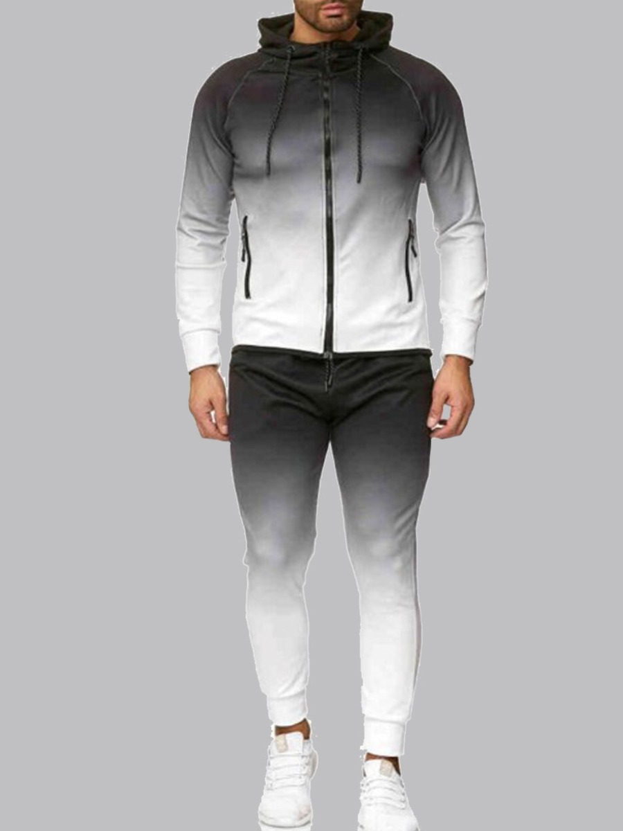 

Men lovely Sportswear Hooded Collar Zipper Design Gradient White Two-piece Pants Set