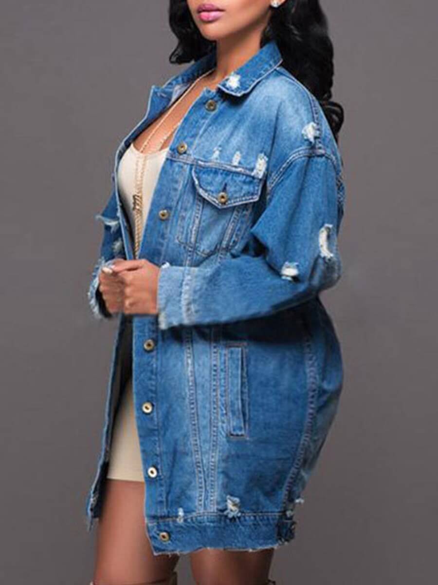 

LW Plus Size Broken Holes Deep Denim Coat, Deep blue