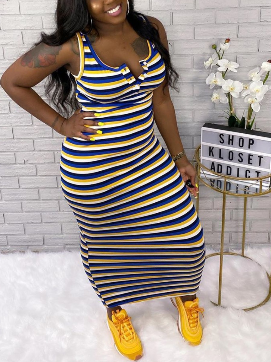 

lovely Casual U Neck Striped Blue Ankle Length Dress