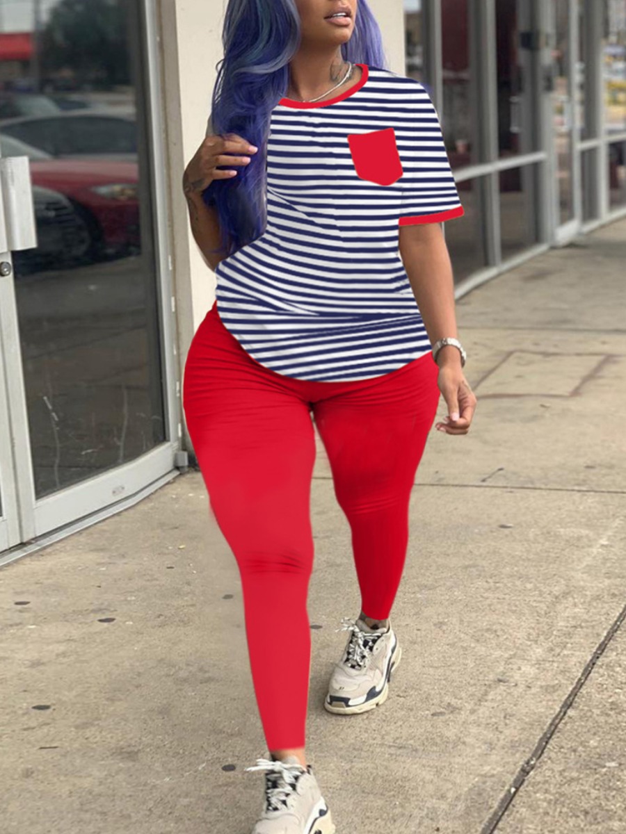 

lovely Leisure O Neck Striped Print Red Plus Size Two-piece Pants Set