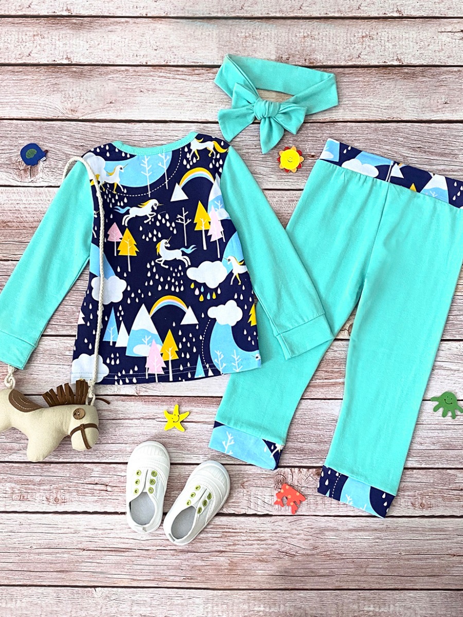 

Lovely Leisure O Neck Print Patchwork Blue Girl Two-piece Pants Set