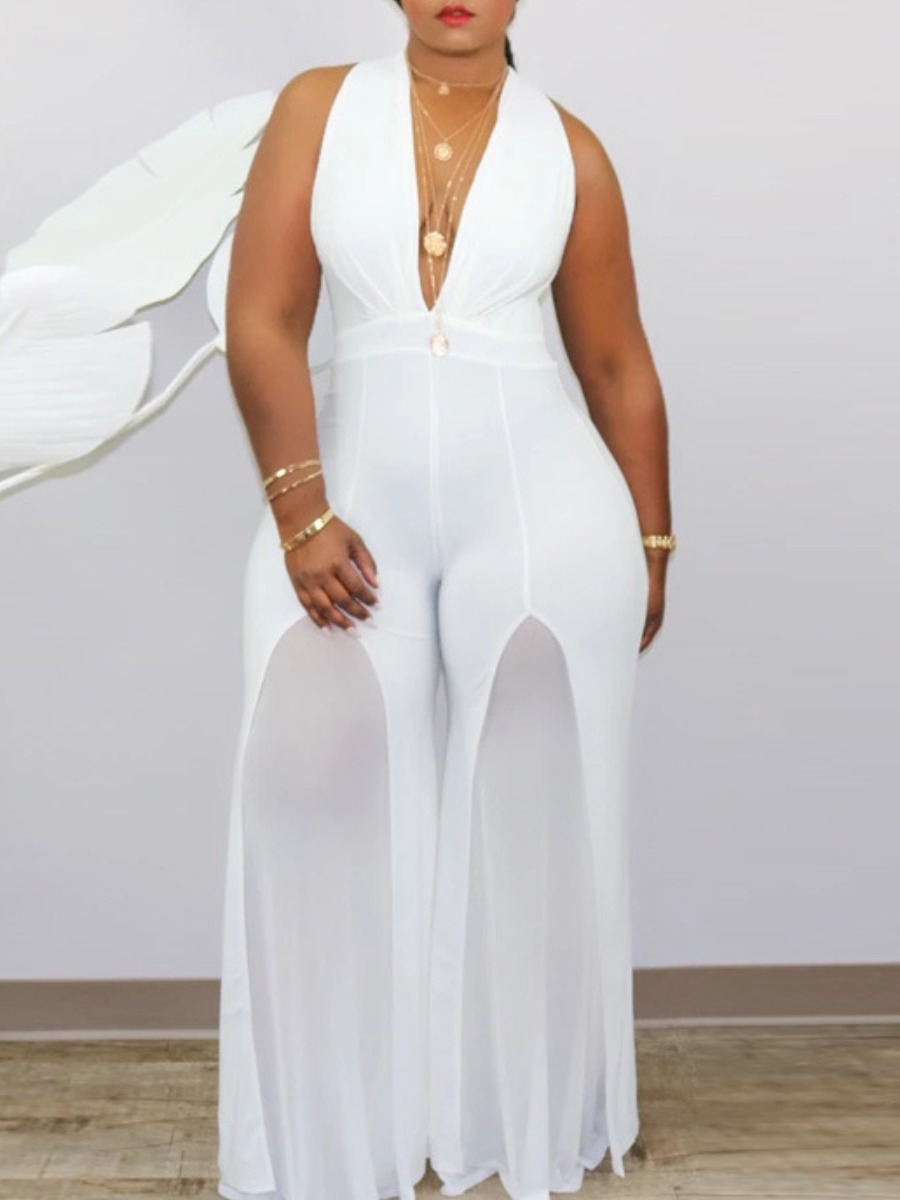 

lovely Sexy Deep V Neck See-through Patchwork White One-piece Jumpsuit