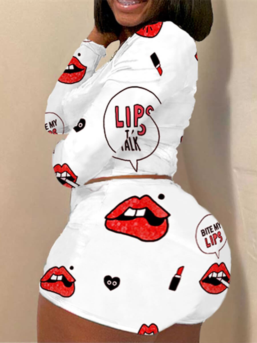 Lovely Sportswear Lip Print White Plus Size Two-piece Shorts Set