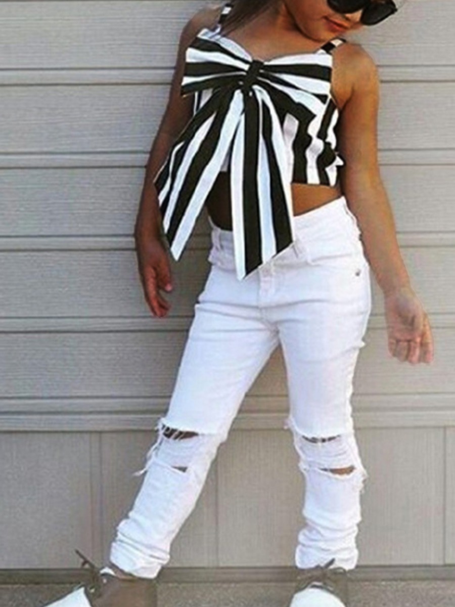 

lovely Stylish Spaghetti Strap Bow-Tie Striped Black Girl Two-piece Pants Set