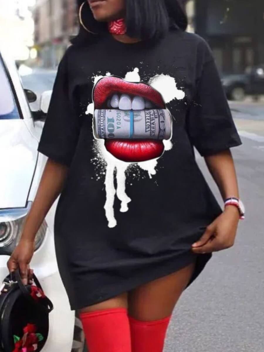 LW Plus Size Casual O Neck Lip Print Black Mini T-shirt Dress