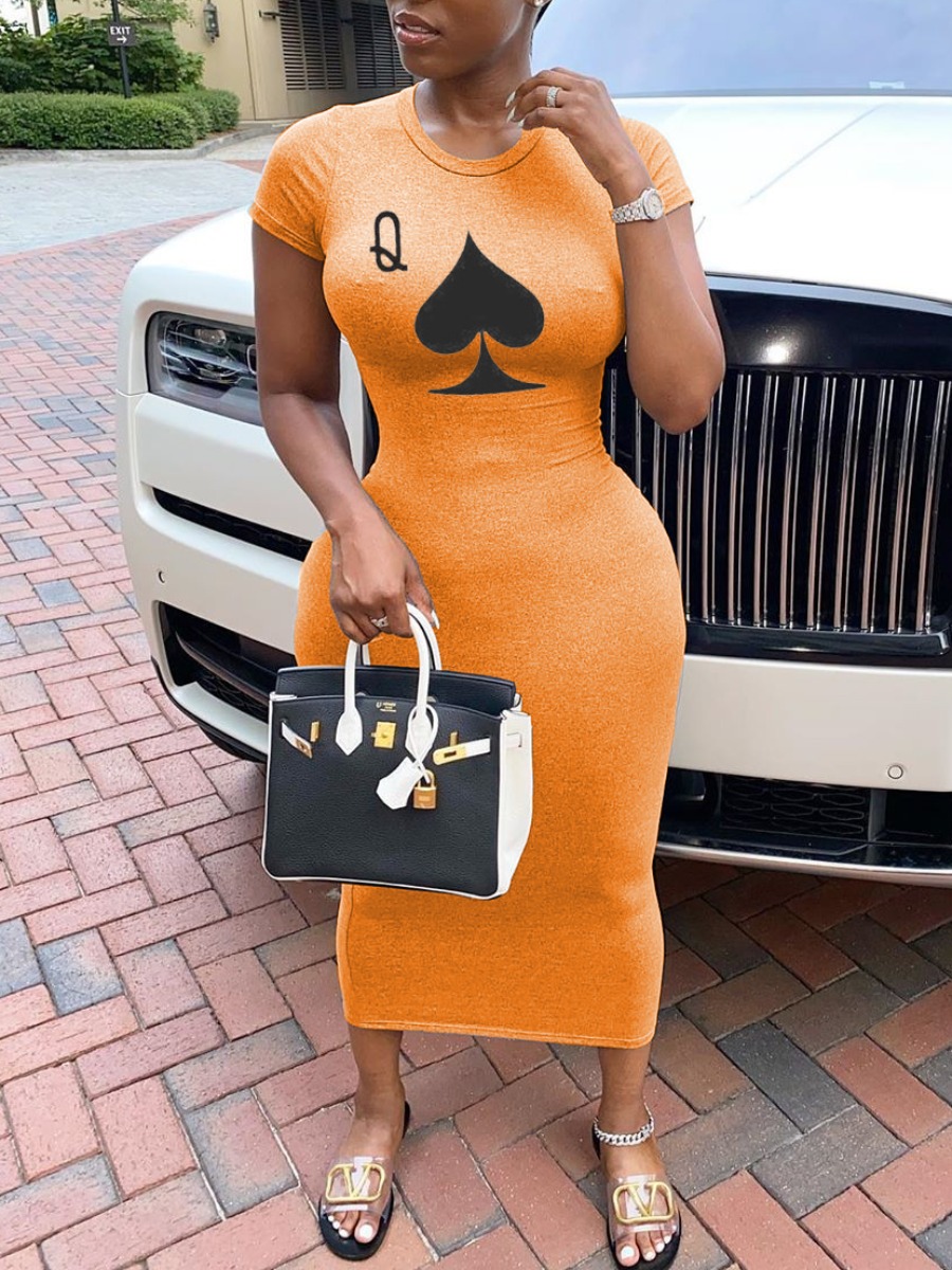 lovely Casual O Neck Print Orange Mid Calf Dress