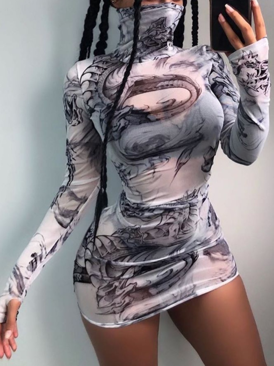 

lovely Street Print See-through Skinny White Mini Dress
