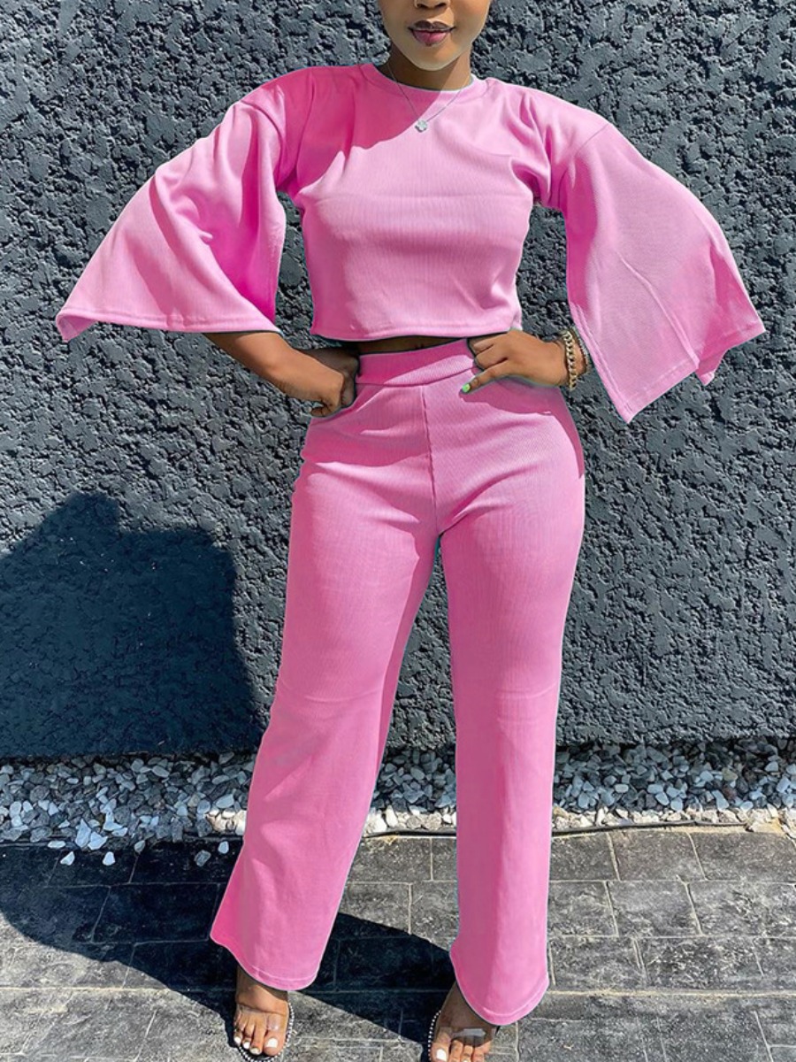

lovely Casual Horn Sleeves Basic Skinny Pink Two Piece Pants Set
