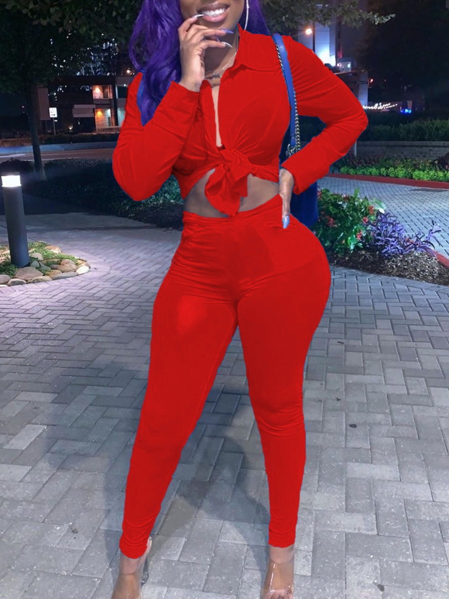 

lovely Casual Turndown Collar Knot Design Red Two Piece Pants Set