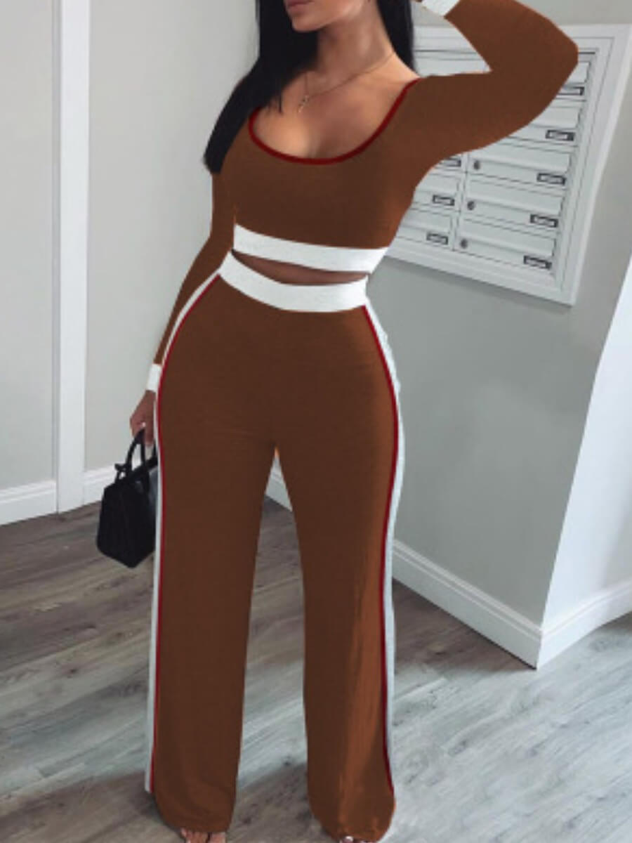 

lovely Sportswear U Neck Patchwork Khaki Two Piece Pants Set
