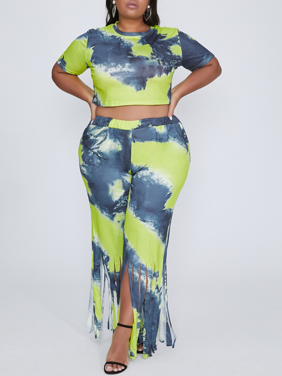 

lovely Leisure O Neck Tie-dye Tassel Design Green Plus Size Two-piece Pants Set