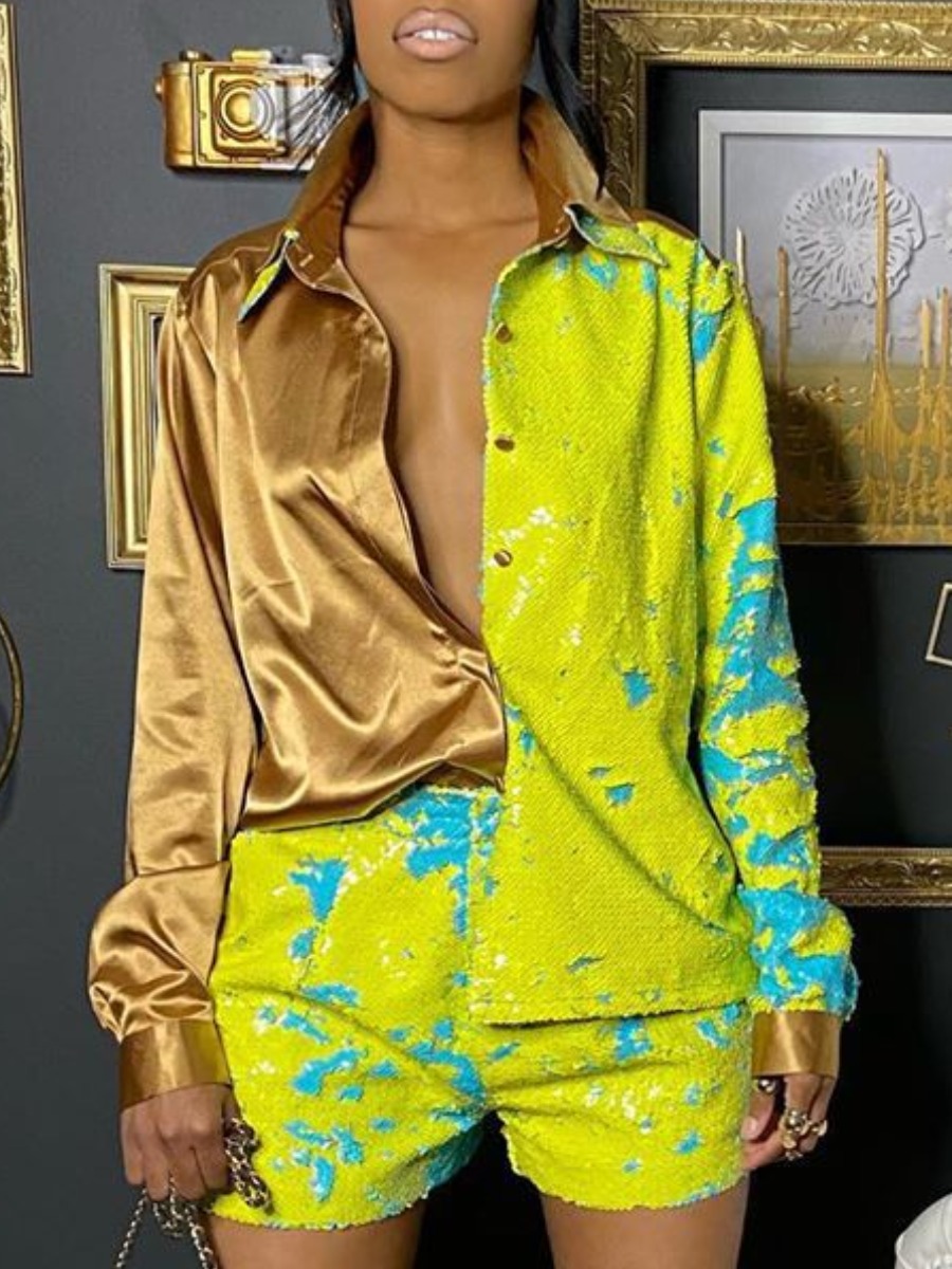 

lovely Stylish Print Patchwork Yellow Two Piece Shorts Set