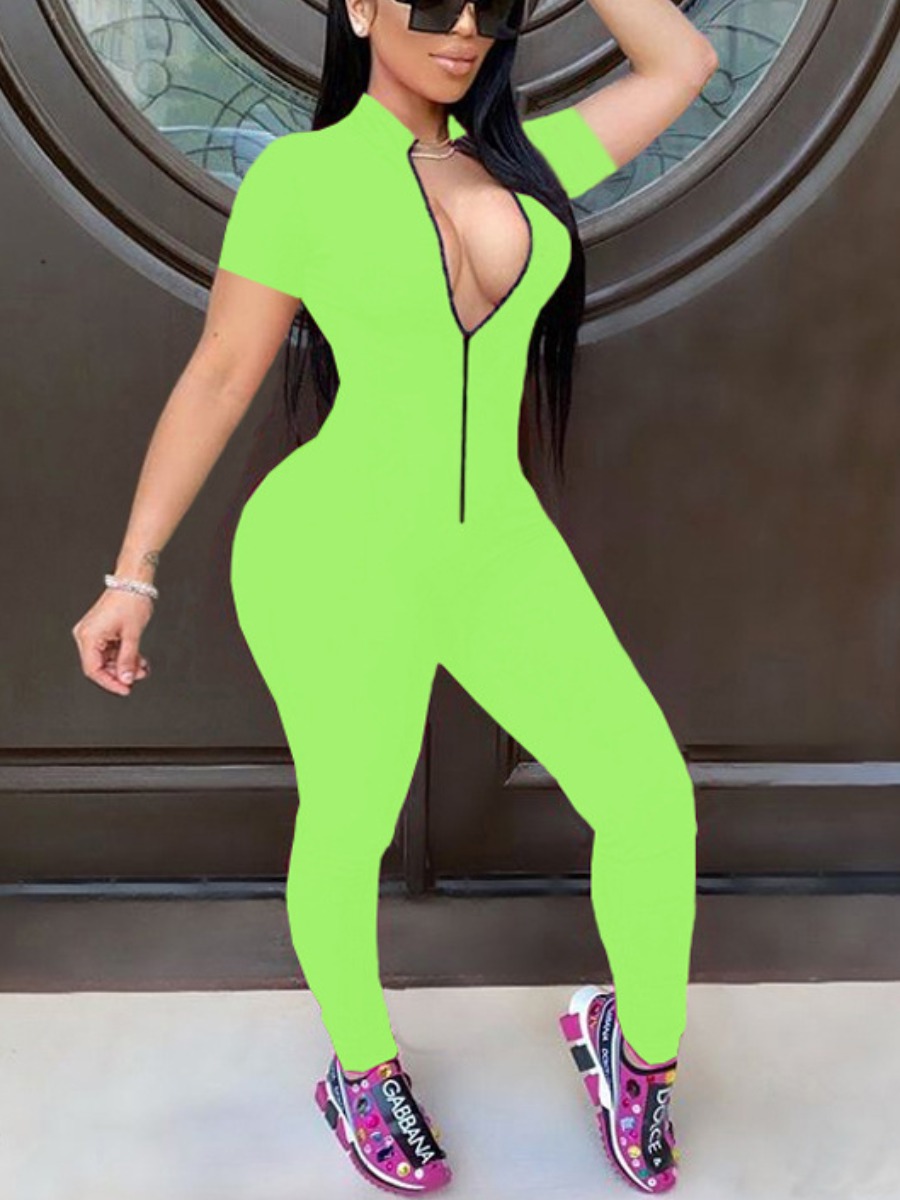 

lovely Sportswear Zipper Design Green One-piece Jumpsuit