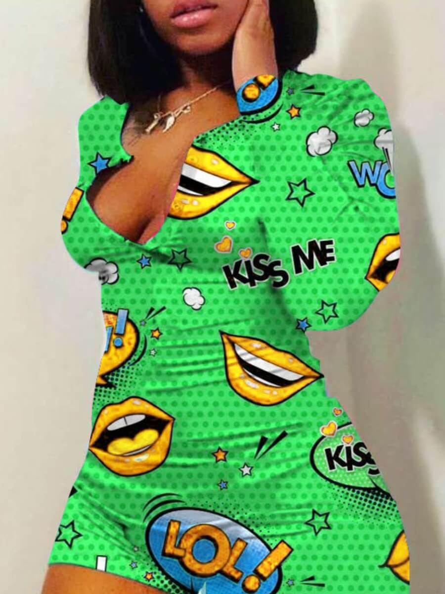 

LW Leisure Lip Print Green One-piece Romper