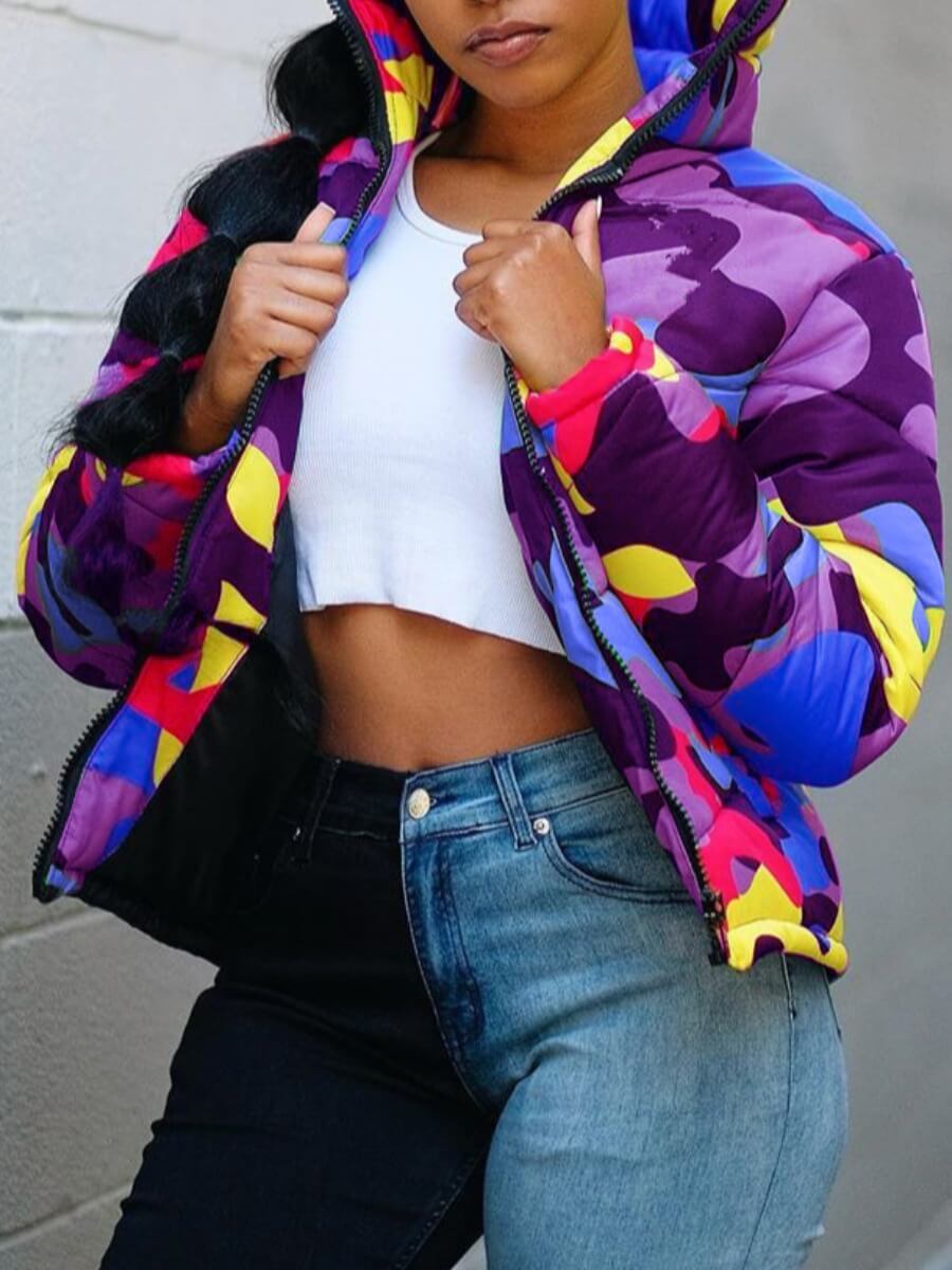 

Lovely Street Camo Print Zipper Design Purple Parka