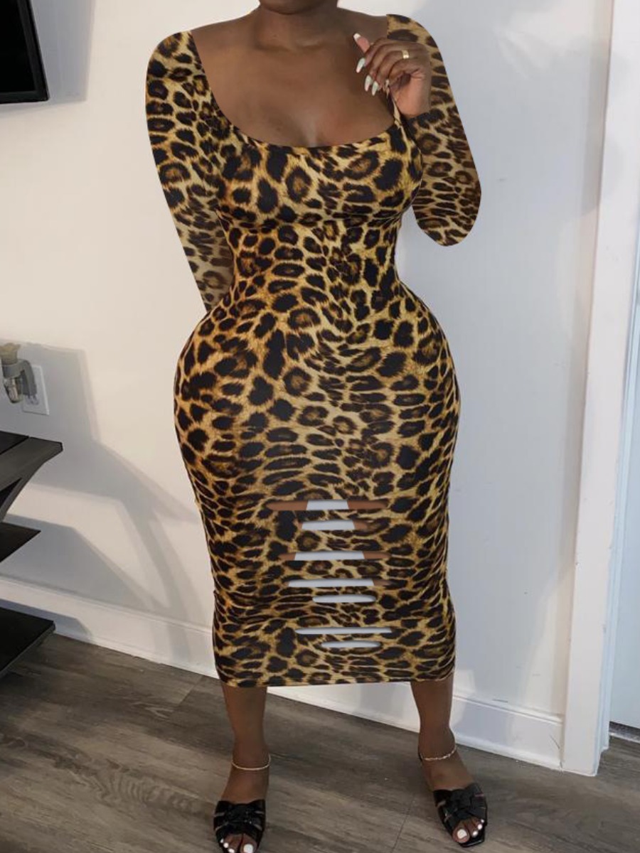 

lovely Sexy U Neck Leopard Print Mid Calf Dress