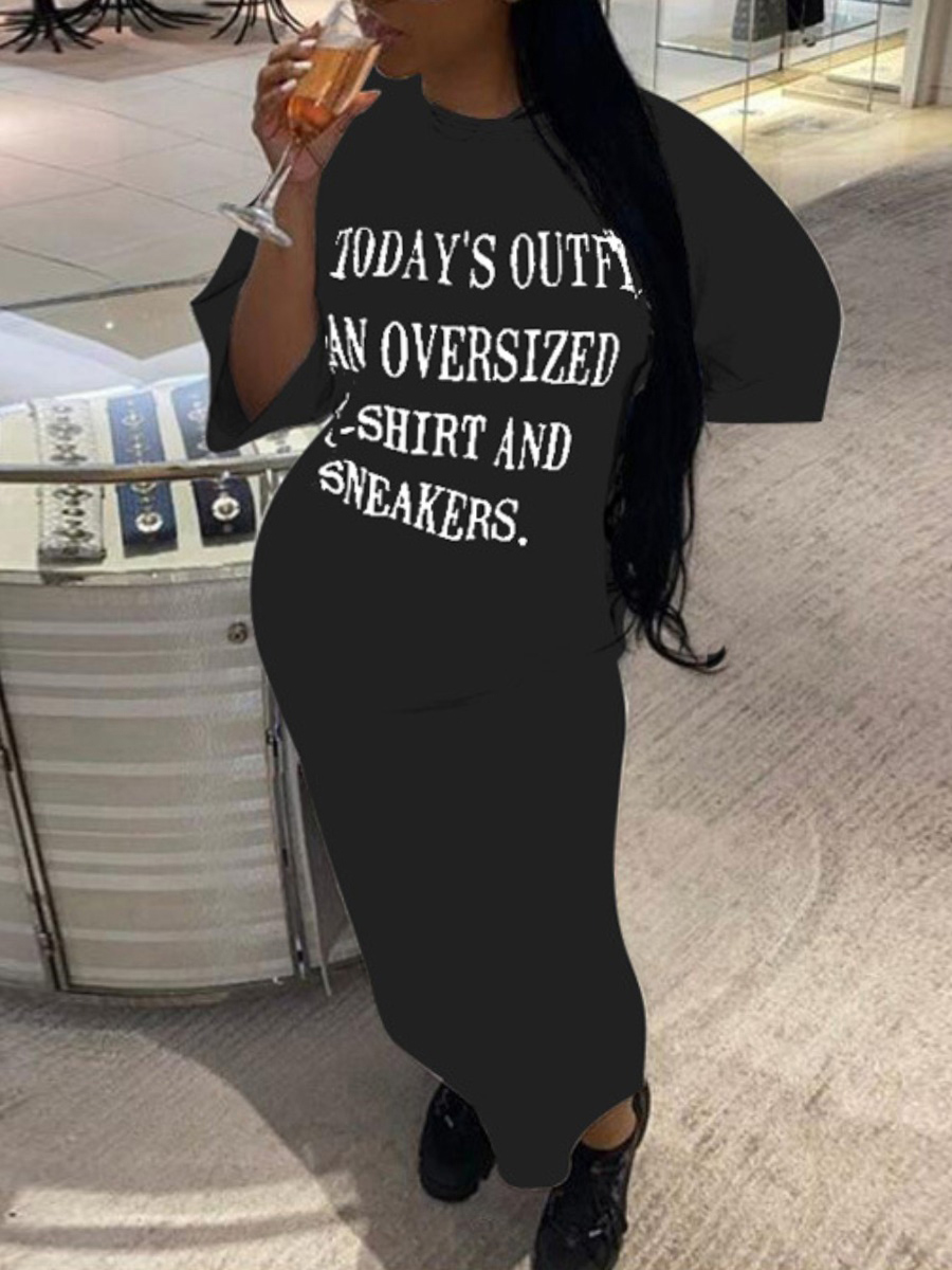

Lovely Casual O Neck Letter Print Black Ankle Length Plus Size Dress