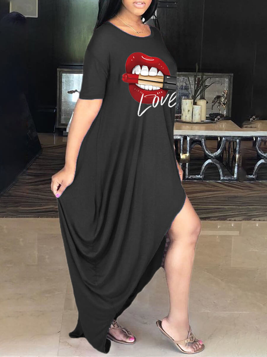 

LW Plus Size Love Letter Lip Print Dress, Black