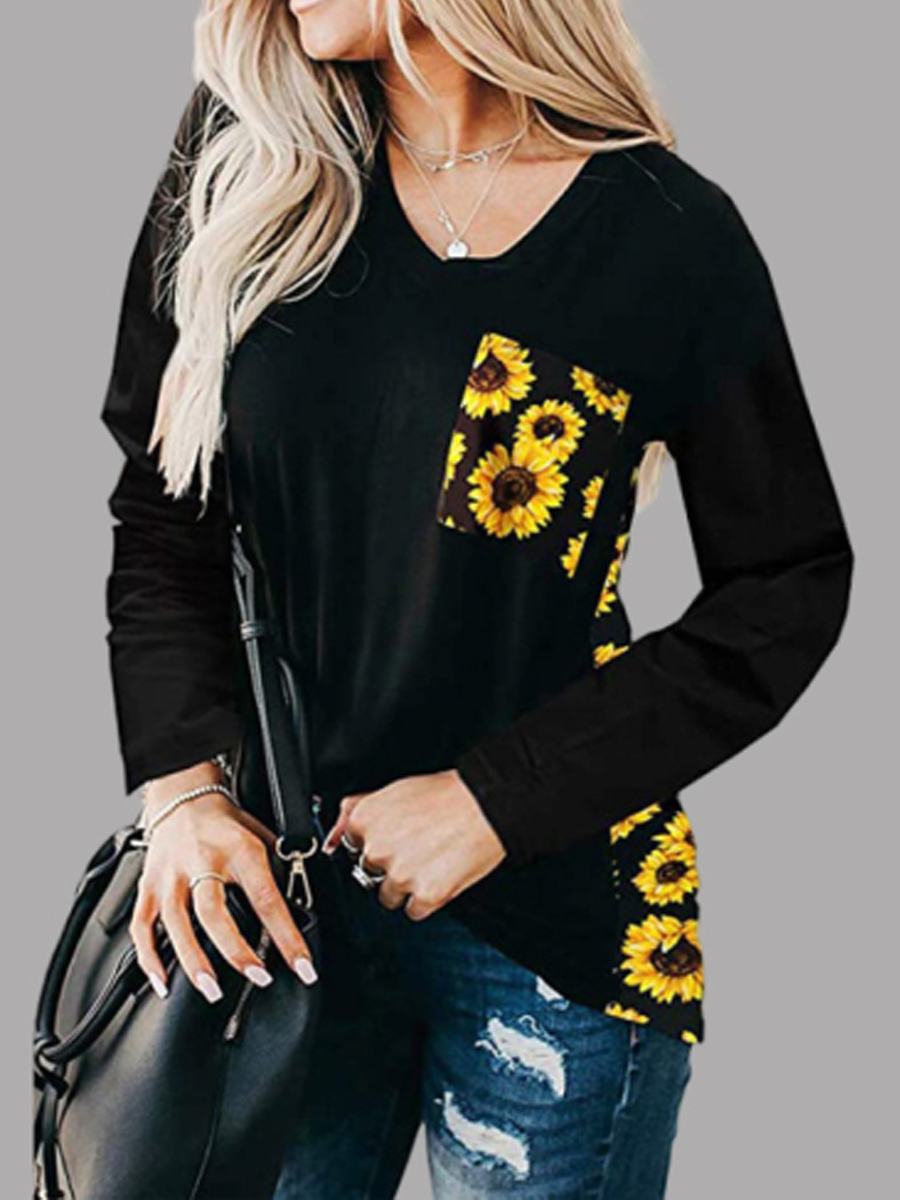 

Lovely Casual V Neck Print Black Plus Size Base Layer