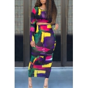lovely Trendy O Neck Print Multicolor Two Piece Sk