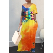 lovely Casual V Neck Tie-dye Orange Maxi Plus Size