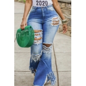 Lovely Stylish Broken Holes Baby Blue Jeans