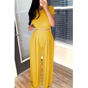 lovely Trendy Fold Design Yellow Two Piece Pants S