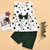 lovely Casual O Neck Dot Print Green Girl Two-piec