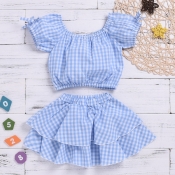 lovely Sweet Grid Print Baby Blue Girl Two-piece S