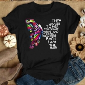 Lovely Casual O Neck Butterfly Print Black Plus Si