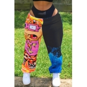Lovely Street Print Patchwork Black Pants