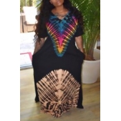 Lovely Ethnic V Neck Print Black Maxi Dress