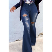 lovely Stylish Hollow-out Flared Deep Blue Jeans