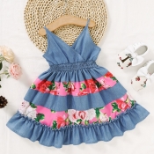 lovely Trendy Print Patchwork Blue Girl Knee Lengt