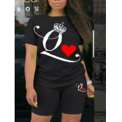 lovely Street O Neck Letter Print Black Two Piece 