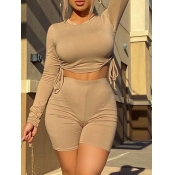 lovely Sportswear O Neck Drawstring Skinny Khaki T