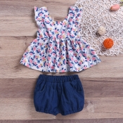lovely Sweet Floral Print Blue Girl Two-piece Shor