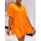 lovely Leisure V Neck Side Slit Orange Loungewear