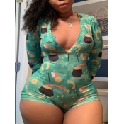 lovely Stylish V Neck Cartoon Print Green Plus Siz