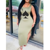 Lovely Casual U Neck Print Side High Slit Army Gre