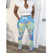LW Leisure Print Zipper Design Blue Two Piece Pant
