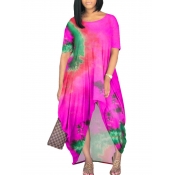 Lovely Casual O Neck Tie-dye Rose Red Maxi Dress